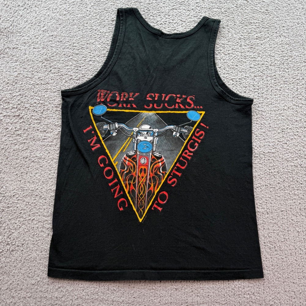 Vintage 90s Anvil Sturgis Motorcycle Tank Top Black Men S Work Sucks Made in USA